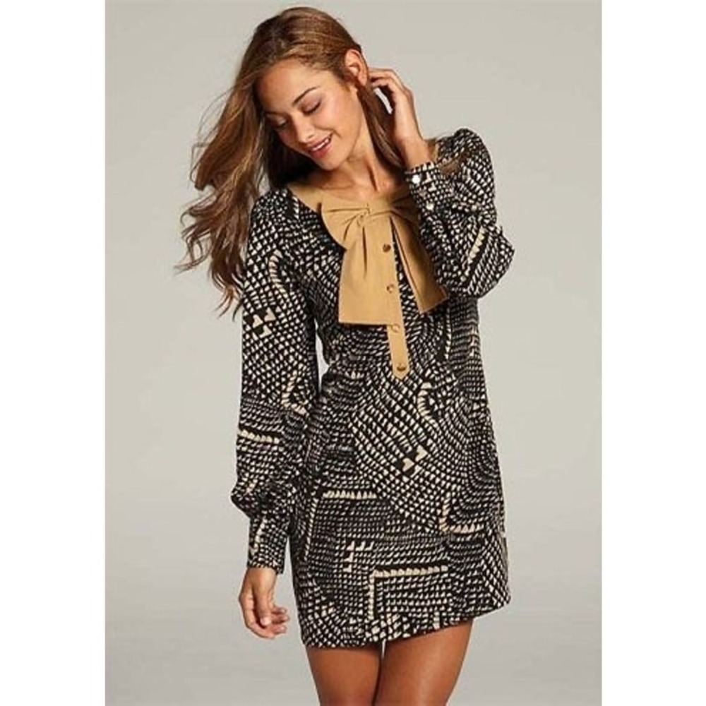 Lovposh Women's Geometric Bow Mini Dress - Tan Black - Small Feminine‎ 70s